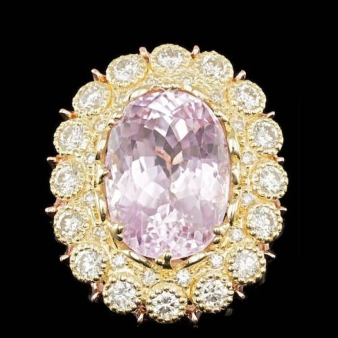 14K Yellow and Rose Gold 19.62ct Kunzite and 2.78ct Diamond Ring: Retail: $28,700.00 ****** 14K Yellow and Rose Gold 19.62ct Kunzite and 2.78ct Diamond Ring ****** Metal: 14K Yellow and Rose Gold / Total Item Weight: 15.0 Grams / Country Made: United States / /