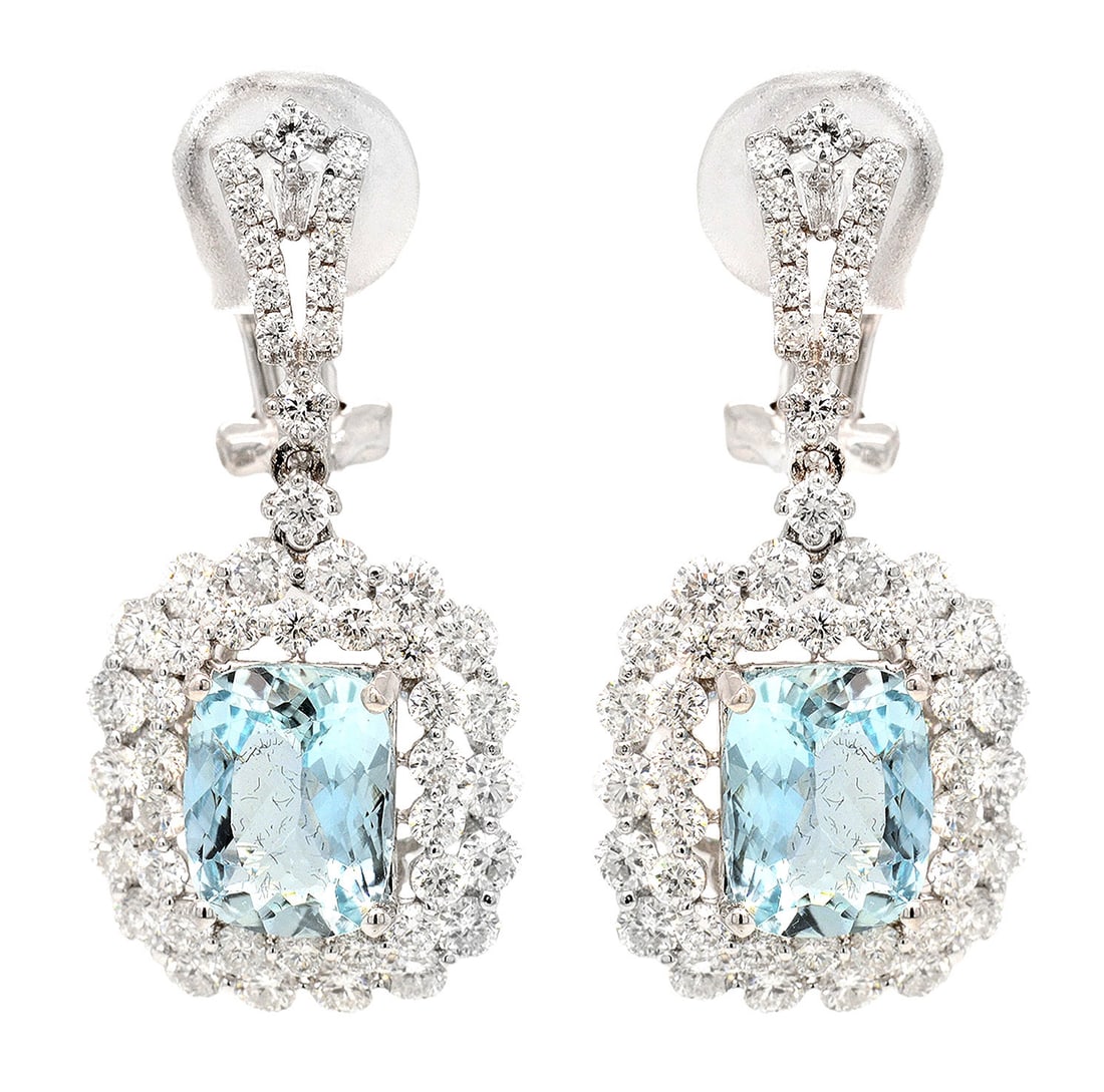 18K White Gold Ladies Earrings with 3.27ct tw Aquamarine and 2.74ct tw Adjacent Diamonds: Retail: $13,000.00 ****** 18K White Gold Ladies Earrings with 3.27ct tw Aquamarine and 2.74ct tw Adjacent Diamonds ****** Size: 6.5 / Metal: 18K White Gold / Total Item Weight: 6.8 Grams / Country Mad