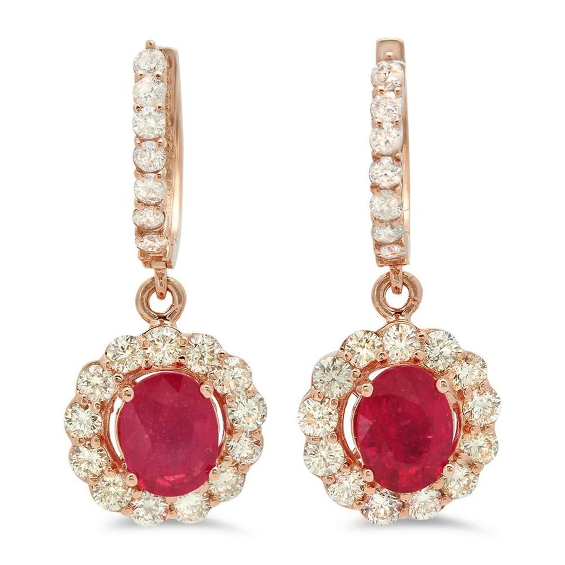 14K Gold 3.13ct Ruby 2.19cts Diamond Earrings: Retail: $7,150.00 ****** 14K Gold 3.13ct Ruby 2.19cts Diamond Earrings ****** Metal: 14K Rose Gold / Total Item Weight: 6.9 grams / Country Made: United States / / Main Stone: Ruby / Color: Red / Cara