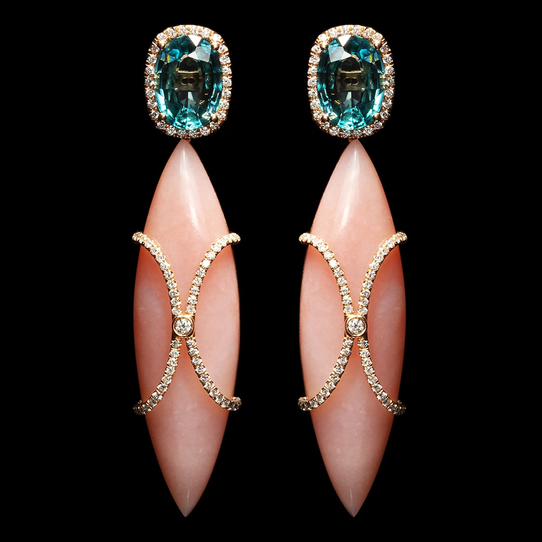 14k Rose Gold 30.66ct Rose Quartz 9.13ct Zircon 1.10ct Diamond Earrings: Retail: $19,437.00 ****** 14k Rose Gold 30.66ct Rose Quartz 9.13ct Zircon 1.10ct Diamond Earrings ****** Metal: 14K Rose Gold / Total Item Weight: 17.4 grams / Country Made: United States / / Main Sto