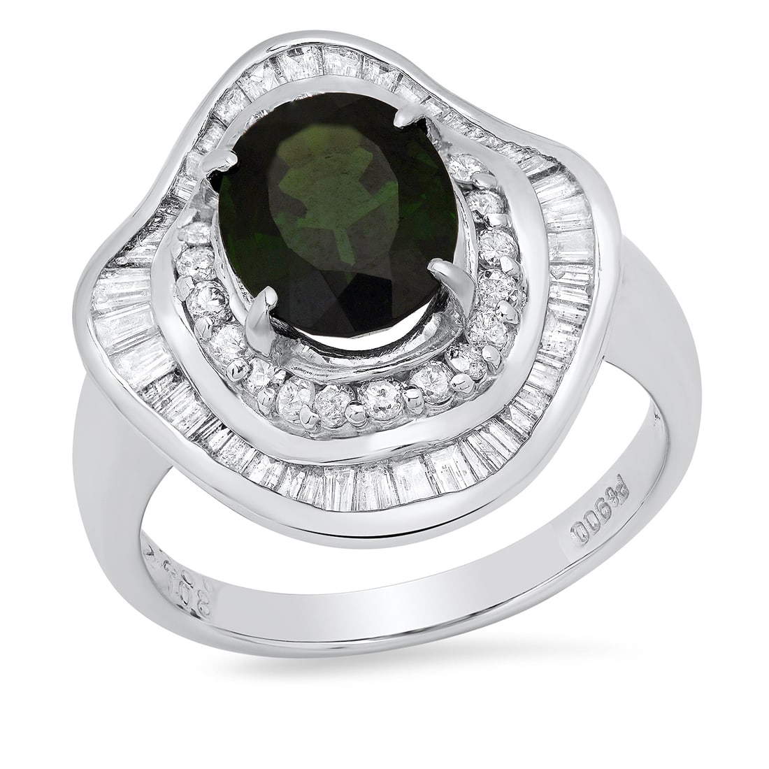 Platinum Setting with 2.51ct Tourmaline and 1.08ct Diamond Ladies Ring: Retail: $9,100.00 ****** Platinum Setting with 2.51ct Tourmaline and 1.08ct Diamond Ladies Ring ****** Size: 6.75(we offer free resizing to winning bidders) / Metal: Platinum / Total Item Weight: 9.8
