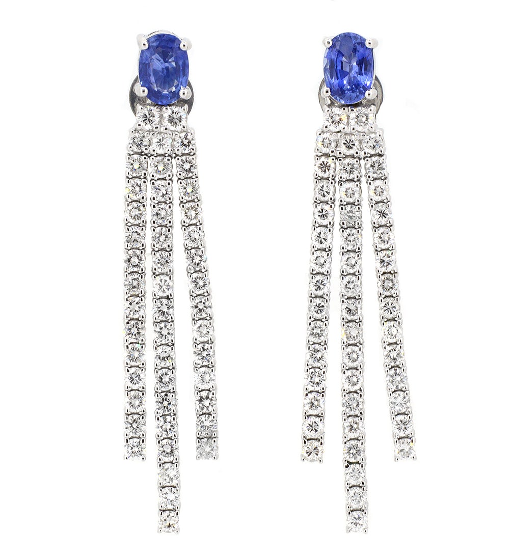 18K White Gold Ladies Earrings with 1.94ct tw Sapphires and 3.57ct tw Diamonds: Retail: $14,000.00 ****** 18K White Gold Ladies Earrings with 1.94ct tw Sapphires and 3.57ct tw Diamonds ****** Size: 2 Long / Metal: 18K White Gold / Total Item Weight: 11.01 Grams / Country Made: