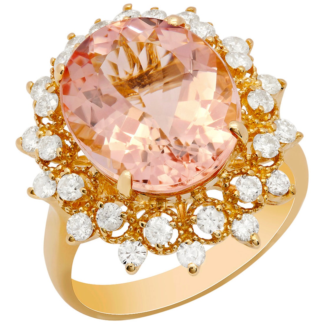 14k Yellow Gold 6.33ct Morganite and 0.80ct Diamond Ring: Retail: $4,900.00 ****** 14k Yellow Gold 6.33ct Morganite and 0.80ct Diamond Ring ****** Metal: 14K Yellow Gold / Total Item Weight: 6.2 Grams / Country Made: United States / / Main Stone: Morganite /