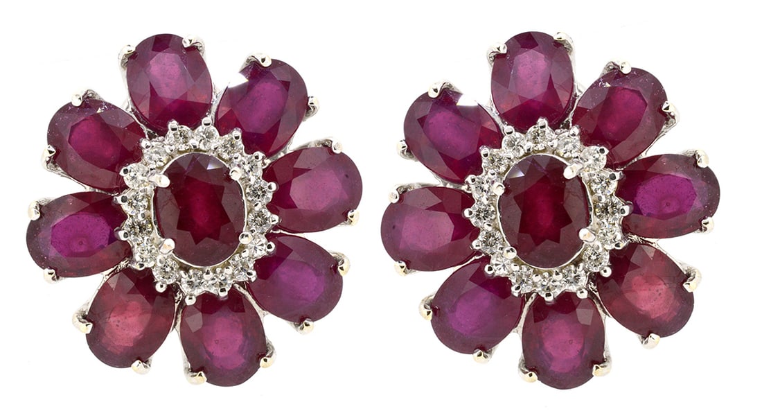 18K White Gold Ladies Earrings with 32.48ct tw Rubies and 0.81ct tw Diamonds: Retail: $16,000.00 ****** 18K White Gold Ladies Earrings with 32.48ct tw Rubies and 0.81ct tw Diamonds ****** Metal: 18K White Gold / Total Item Weight: 22.9 Grams / Country Made: United States / / Ma