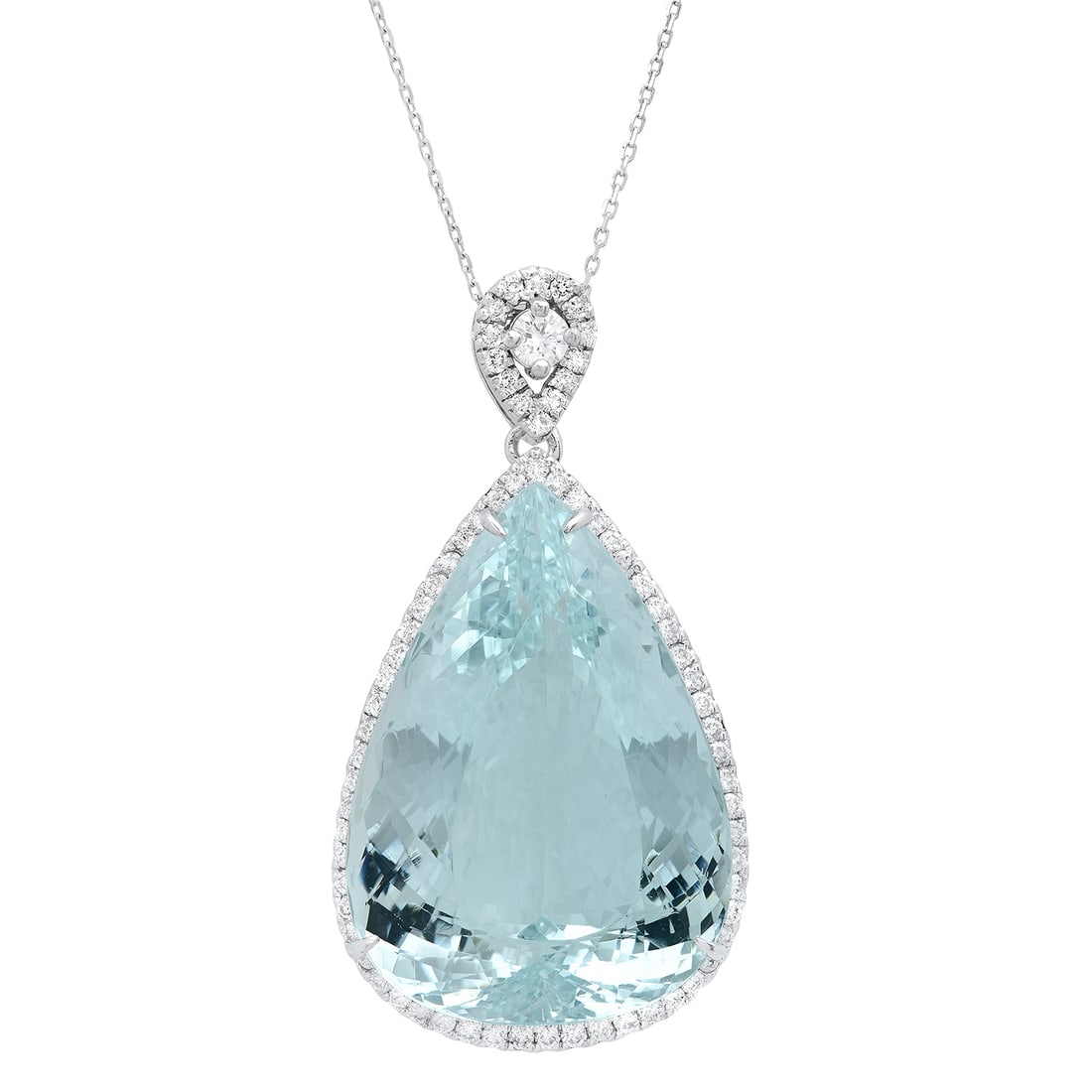 14K White Gold 43.75ct Aquamarine and 1.54ct Diamond Pendant: Retail: $21,776.00 ****** 14K White Gold 43.75ct Aquamarine and 1.54ct Diamond Pendant ****** Metal: 14K White Gold / Total Item Weight: 13.9 Grams / Country Made: United States / / Main Stone: Aquama