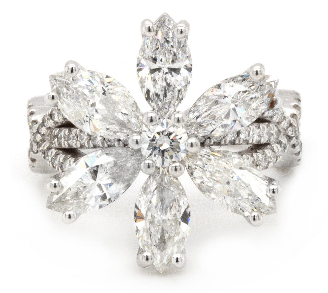 18K White Gold Ring with six Marquise and 3.19tw Diamonds: Retail: $15,000.00 ****** 18K White Gold Ring with six Marquise and 3.19tw Diamonds ****** Size: 6.5 / Metal: 18K White Gold / Total Item Weight: 7.6 Grams / Country Made: United States / / Main Stone