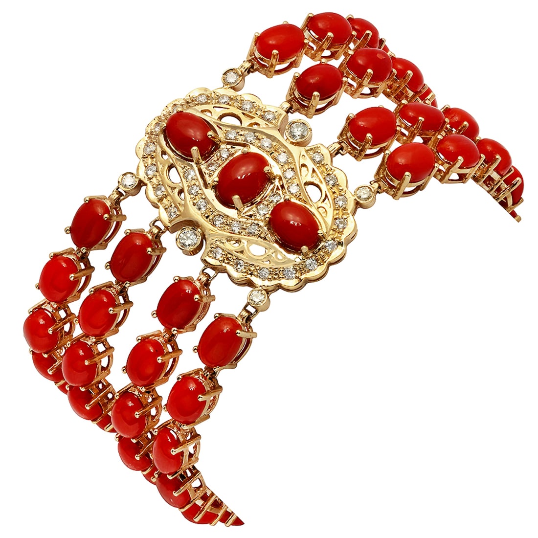 14k Yellow Gold 38.65ct Coral 1.12ct Diamond Bracelet: Retail: $19,490.00 ****** 14k Yellow Gold 38.65ct Coral 1.12ct Diamond Bracelet ****** Metal: 14K Yellow Gold / Total Item Weight: 47.10 grams / Country Made: United States / / Main Stone: Coral / Col