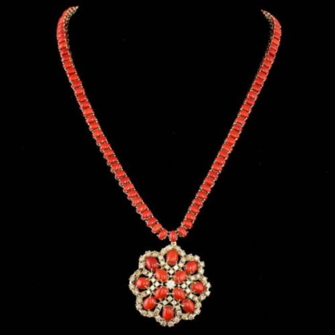 14K Yellow Gold 56.35ct Coral and 5.38ct Diamond Necklace: Retail: $47,650.00 ****** 14K Yellow Gold 56.35ct Coral and 5.38ct Diamond Necklace ****** Metal: 14K Yellow Gold / Total Item Weight: 52.5 Grams / Country Made: United States / / Main Stone: Coral