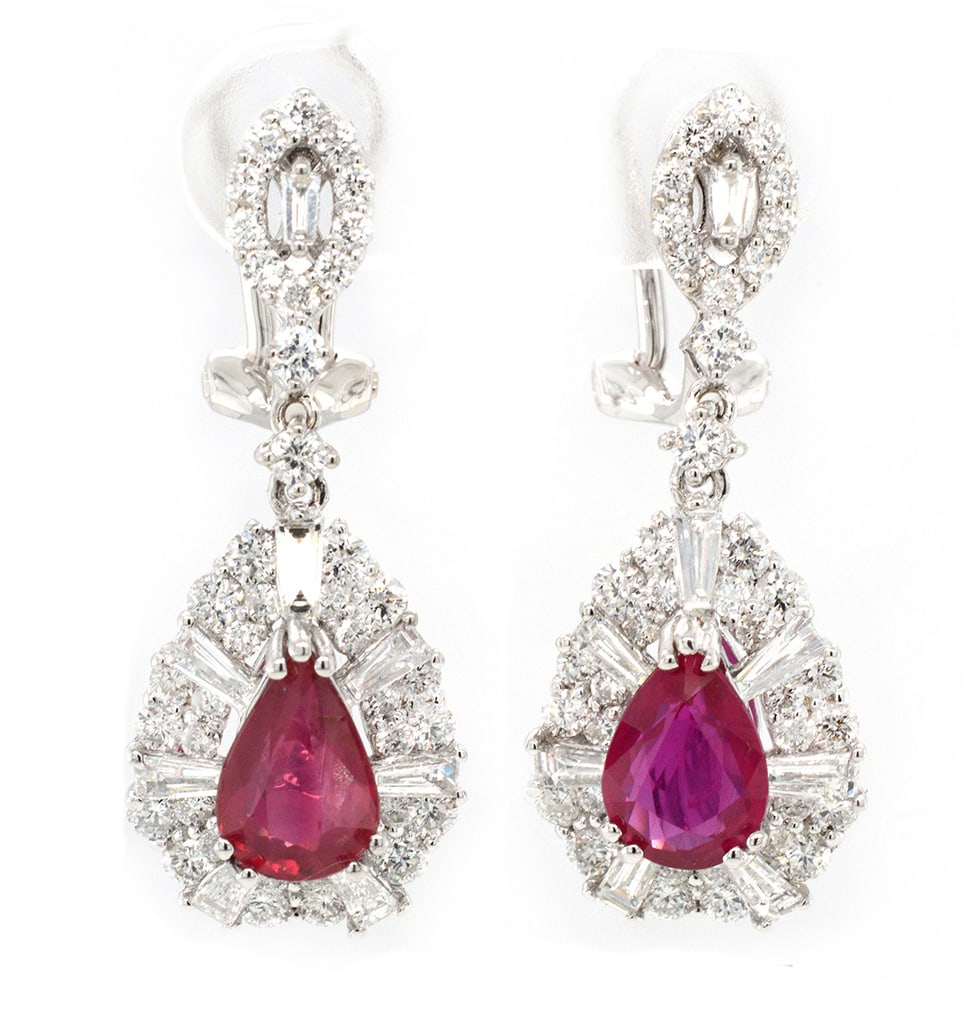 18K White Gold Ladies Earrings with 2.13ct tw GIA Certified Natural Rubies and 1.85ct tw Adjacent: Retail: $35,000.00 ****** 18K White Gold Ladies Earrings with 2.13ct tw GIA Certified Natural Rubies and 1.85ct tw Adjacent Diamonds ****** Metal: 18K White Gold / Total Item Weight: 5.7 Grams /