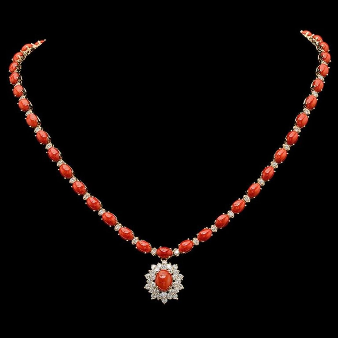 14K Gold 31.07ct Coral & 2.79ct Diamond Necklace: Retail: $26,670.00 ****** 14K Gold 31.07ct Coral & 2.79ct Diamond Necklace ****** Metal: 14K Solid Gold / Total Item Weight: 27.9 grams / Country Made: United States / / Main Stone: Coral / Color: Red