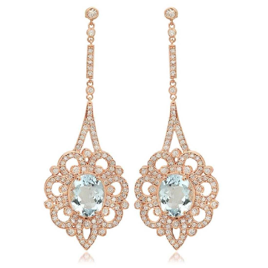 14K Rose Gold 7.37ct Aquamarine and 2.57ct Diamond Earrings: Retail: $21,466.00 ****** 14K Rose Gold 7.37ct Aquamarine and 2.57ct Diamond Earrings ****** Metal: 14K Rose Gold / Total Item Weight: 10.5 Grams / Country Made: United States / / Main Stone: Aquamari