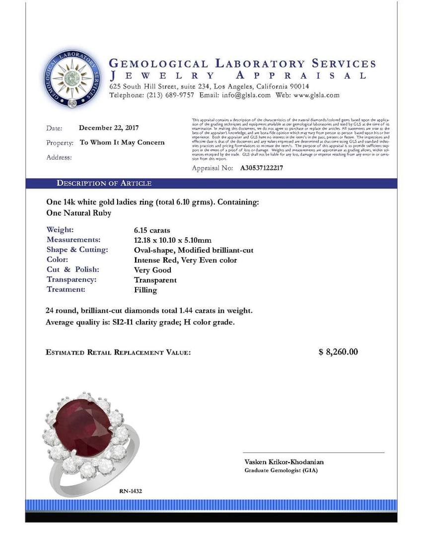 14k White Gold 6.15ct Ruby 1.44ct Diamond Ring - 5