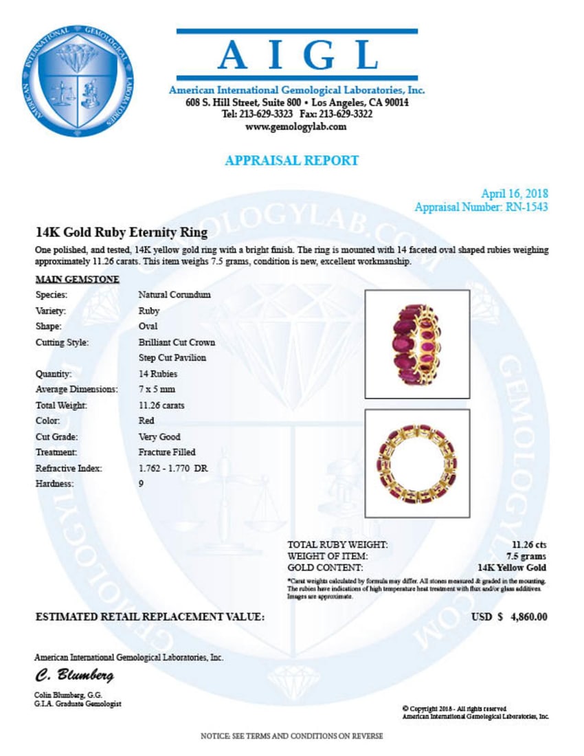 14K Yellow Gold 11.26ct Ruby Eternity Band Ring - 7