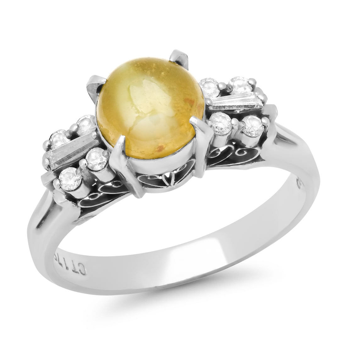 14K White Gold Setting with 1.79ct Cat's Eye Chrysoberyl and 0.16ct Diamond Ladies Ring: Retail: $2,352.00 ****** 14K White Gold Setting with 1.79ct Cat's Eye Chrysoberyl and 0.16ct Diamond Ladies Ring ****** Size: 6 / Metal: 14K White Gold / Total Item Weight: 5.1 Grams / Country Made: