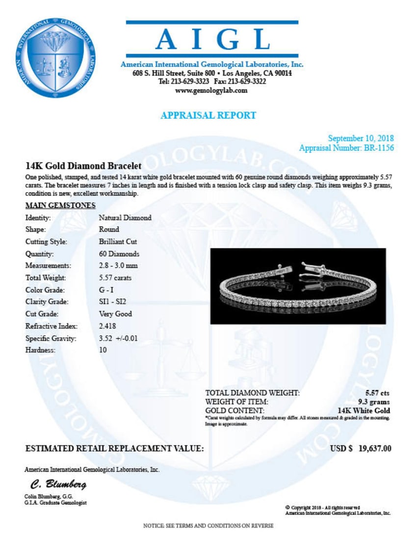 14k White Gold 5.57ct Diamond Bracelet - 5