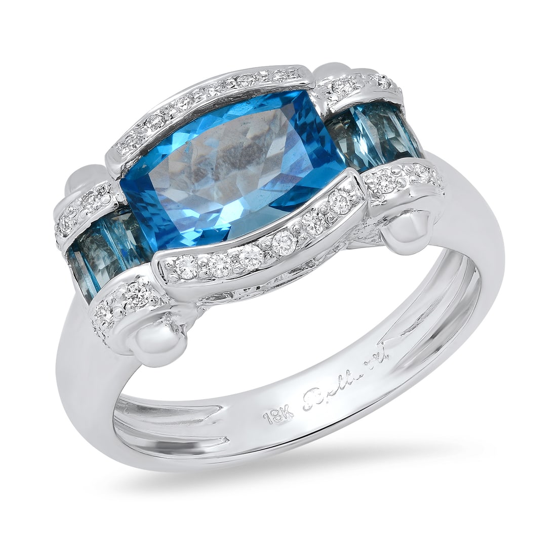 18K White Gold Setting with 2.55ct Blue Topaz and 0.13ct Diamond Ladies Ring: Retail: $6,800.00 ****** 18K White Gold Setting with 2.55ct Blue Topaz and 0.13ct Diamond Ladies Ring ****** Size: 7.25 / Metal: 18K White Gold / Total Item Weight: 7.3 Grams / Country Made: United