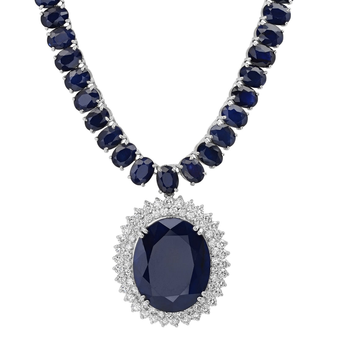14K White Gold with 170.20ct Sapphire and 4.38ct Diamond Necklace: Retail: $82,736.00 ****** 14K White Gold with 170.20ct Sapphire and 4.38ct Diamond Necklace ****** Size: 18 plus pendant / Metal: 14K White Gold / Total Item Weight: 82.8 Grams / Country Made: United