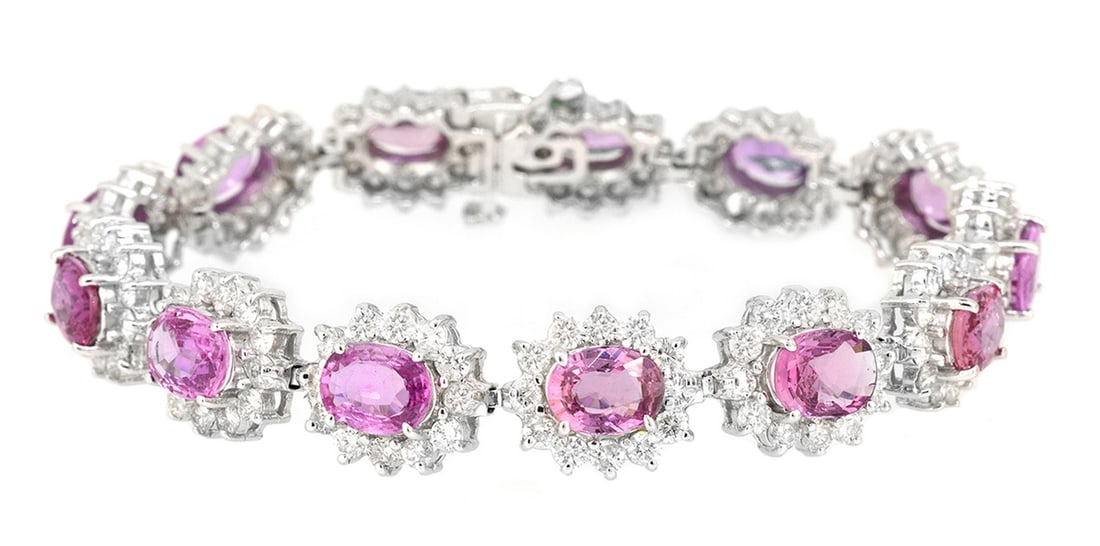 18K White Gold Ladies Bracelet with 18.87ct Pink Sapphires and 7.97ct tw Adjacent Diamonds: Retail: $31,000.00 ****** 18K White Gold Ladies Bracelet with 18.87ct Pink Sapphires and 7.97ct tw Adjacent Diamonds ****** Size: 7 / Metal: 18K White Gold / Total Item Weight: 24.2 Grams / Country