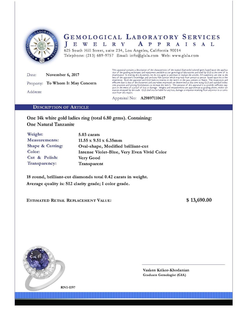 14k White Gold 5.03ct Tanzanite 0.42ct Diamond Ring - 4