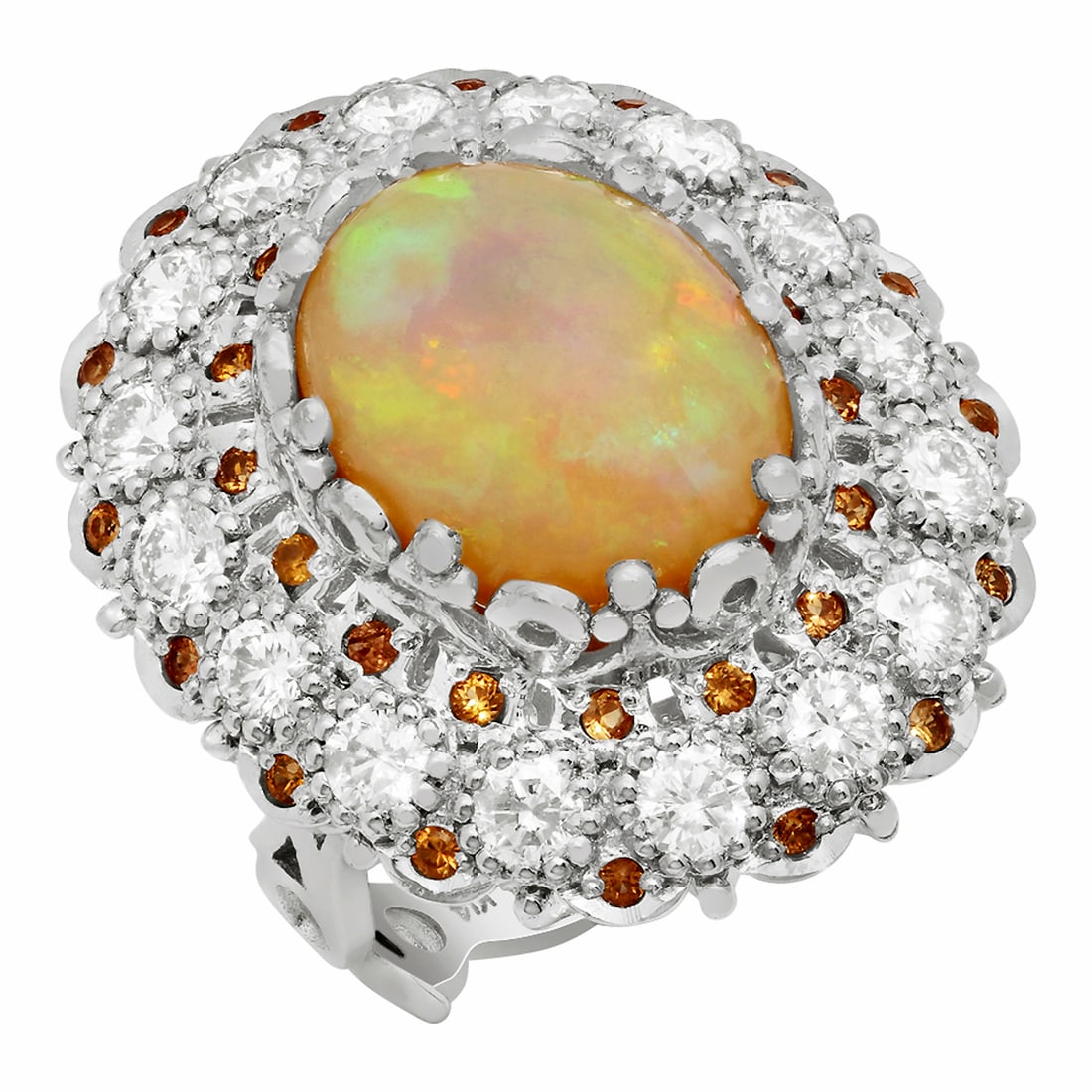 14k White Gold 7.09ct White Opal 0.48ct Orange Sapphire 2.21ct Diamond Ring: Retail: $12,990.00 ****** 14k White Gold 7.09ct White Opal 0.48ct Orange Sapphire 2.21ct Diamond Ring ****** Metal: 14K White Gold / Total Item Weight: 12.70 grams / Country Made: United States / / Ma