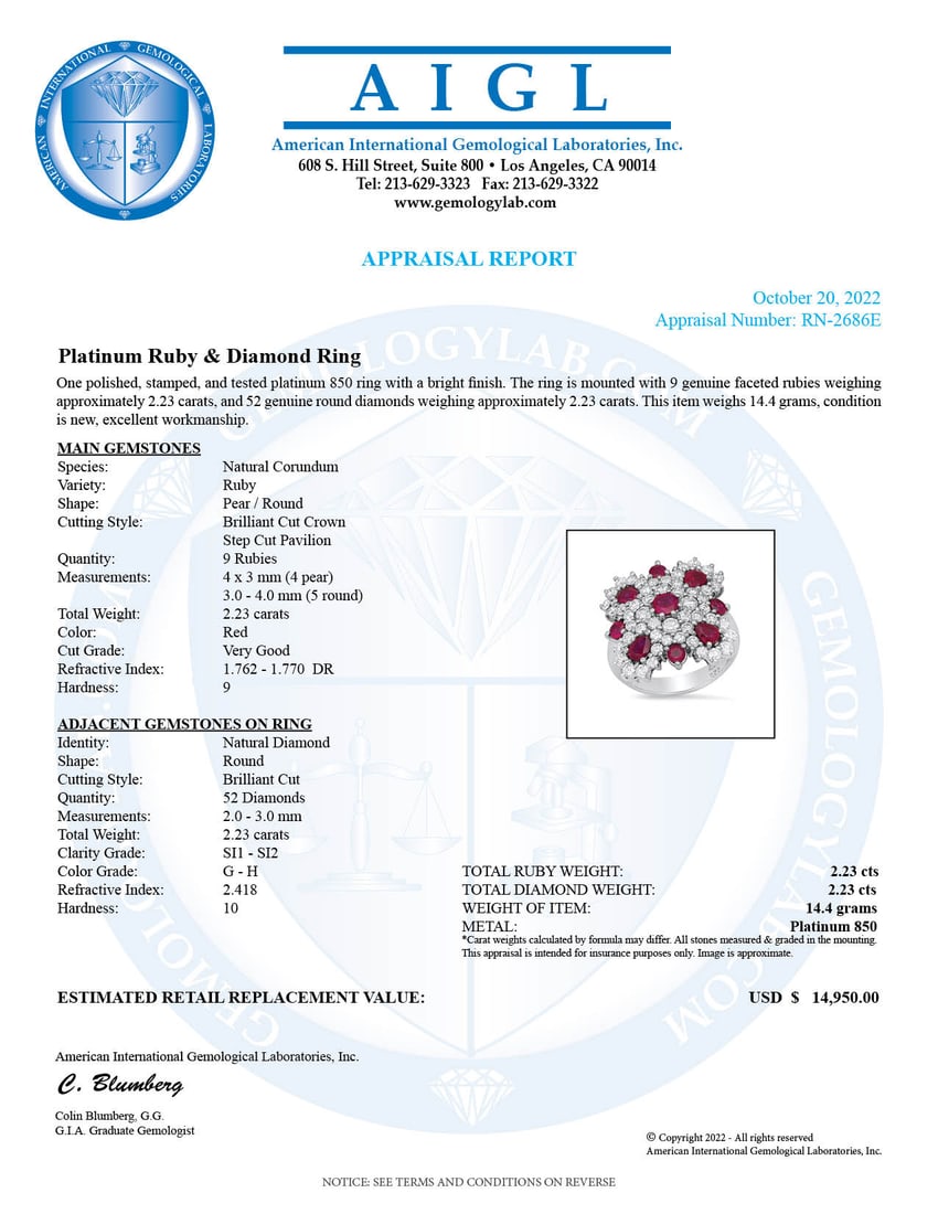 Platinum Setting with 2.23ct Ruby and 2.23ct Diamond Ladies Ring - 5