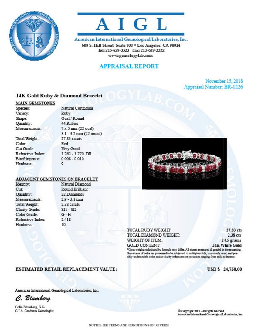 14K Gold 27.83ct Ruby 2.38ct Diamond Bracelet - 6