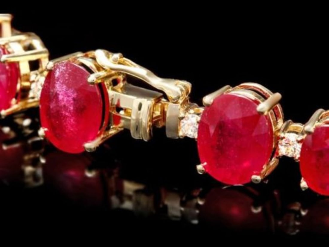 14K Gold 55.31ct Ruby 1.39ct Diamond Bracelet - 3