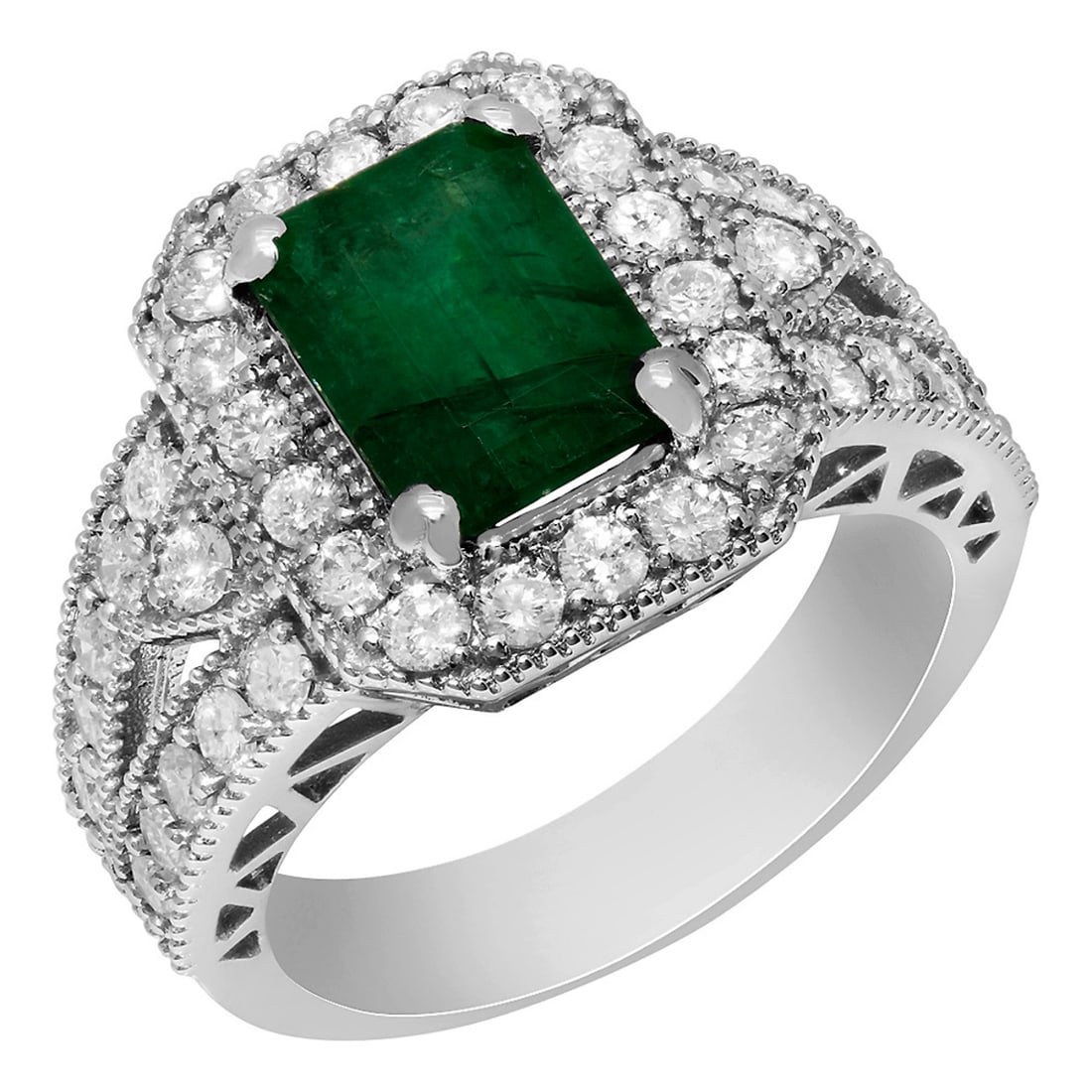 14k White Gold 2.10ct Emerald 1.19ct Diamond Ring: Retail: $7,290.00 ****** 14k White Gold 2.10ct Emerald 1.19ct Diamond Ring ****** Metal: 14K White Gold / Total Item Weight: 6.90 grams / Country Made: United States / / Main Stone: Emerald / Color: D