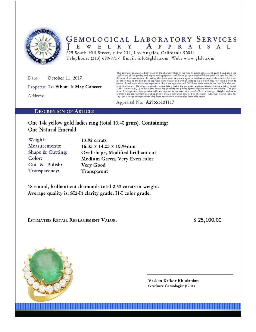 14k Yellow Gold 13.92ct Emerald 2.52ct Diamond Ring - 4