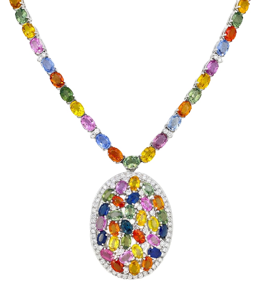 18K White Gold Ladies Necklace with 72.89ct Multi Colored Sapphire and 2.97ct tw Adjacent Diamonds: Retail: $35,000.00 ****** 18K White Gold Ladies Necklace with 72.89ct Multi Colored Sapphire and 2.97ct tw Adjacent Diamonds ****** Size: 17 / Metal: 18K White Gold / Total Item Weight: 61.1 Grams /