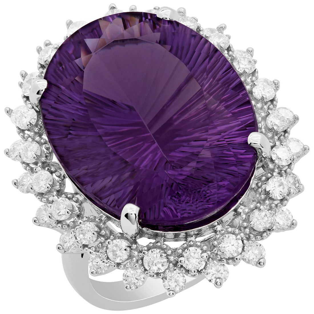 14k White Gold 18.19ct Amethyst 1.31ct Diamond Ring: Retail: $9,690.00 ****** 14k White Gold 18.19ct Amethyst 1.31ct Diamond Ring ****** Metal: 14K White Gold / Total Item Weight: 11.00 grams / Country Made: United States / / Main Stone: Amethyst / Colo