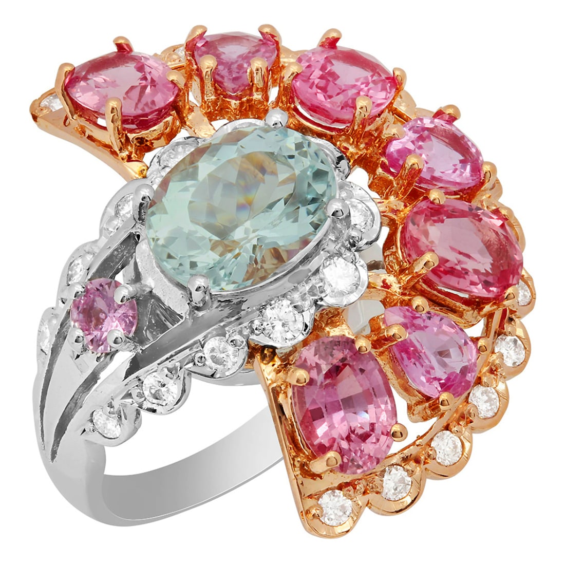 14k White & Rose Gold 2.45ct Aquamarine 5.59ct Pink Sapphire 0.82ct Diamond Ring: Retail: $4,790.00 ****** 14k White & Rose Gold 2.45ct Aquamarine 5.59ct Pink Sapphire 0.82ct Diamond Ring ****** Metal: 14K White & Rose Gold / Total Item Weight: 12.30 grams / Country Made: United