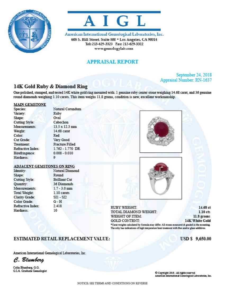 14K White Gold 14.68ct Ruby and 1.10ct Diamond Ring - 5