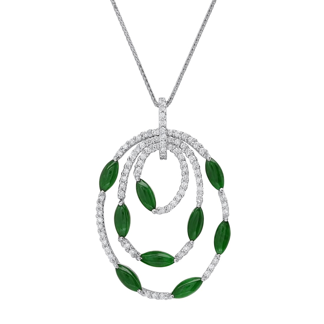 18K White Gold Setting with 14K Chain and 1.9ct Jadeite and 0.60ct Diamond Pendant: Retail: $6,855.00 ****** 18K White Gold Setting with 14K Chain and 1.9ct Jadeite and 0.60ct Diamond Pendant ****** Metal: 18K and 14K White Gold / Country Made: United States / / Main Stone: Jadeite /