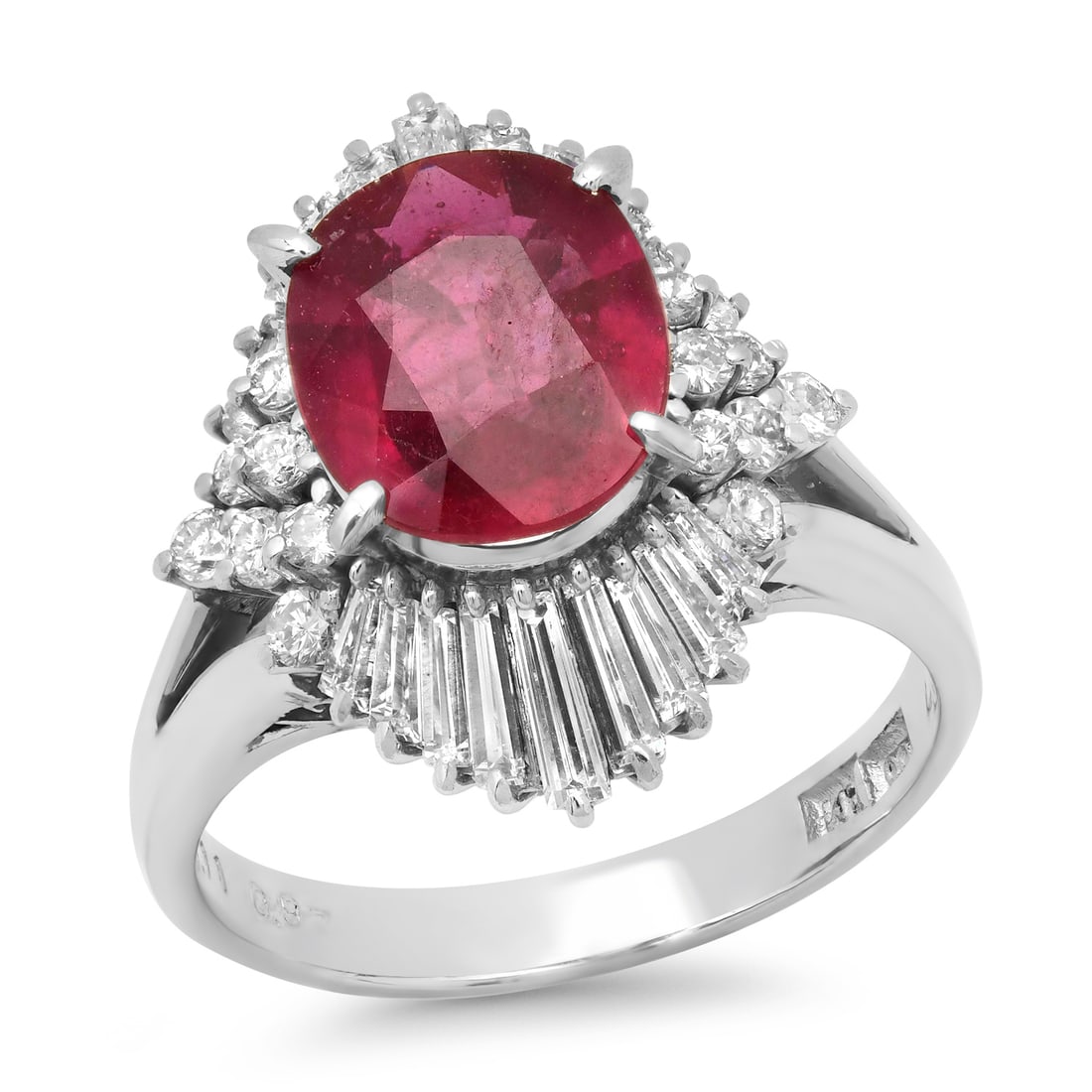 Platinum Setting with 3.11ct Ruby and 0.97ct Diamond Ladies Ring: Retail: $6,610.00 ****** Platinum Setting with 3.11ct Ruby and 0.97ct Diamond Ladies Ring ****** Size: 6 (we offer free resizing to winning bidders) / Metal: Platinum / Total Item Weight: 7.9 Grams /