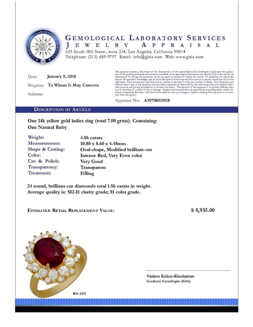 14k Yellow Gold 4.86ct Ruby 1.56ct Diamond Ring - 5