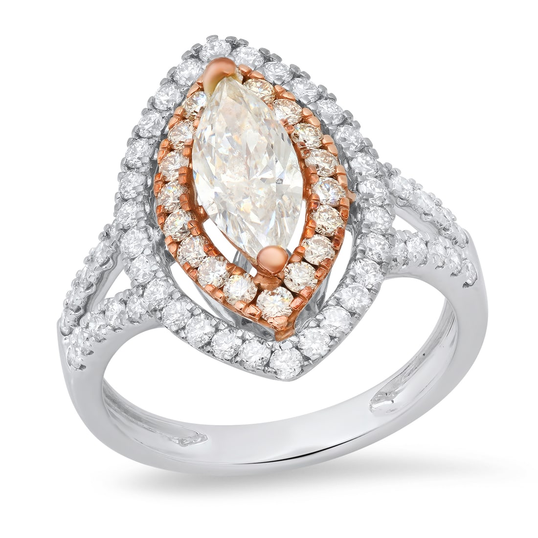 18K White and Rose Gold Setting with 0.90ct Center Diamond and 1.90tcw Diamond Ring: Retail: $17,500.00 ****** 18K White and Rose Gold Setting with 0.90ct Center Diamond and 1.90tcw Diamond Ring ****** Metal: 18K White and Rose Gold / Total Item Weight: 5.4 Grams / Country Made: Unite