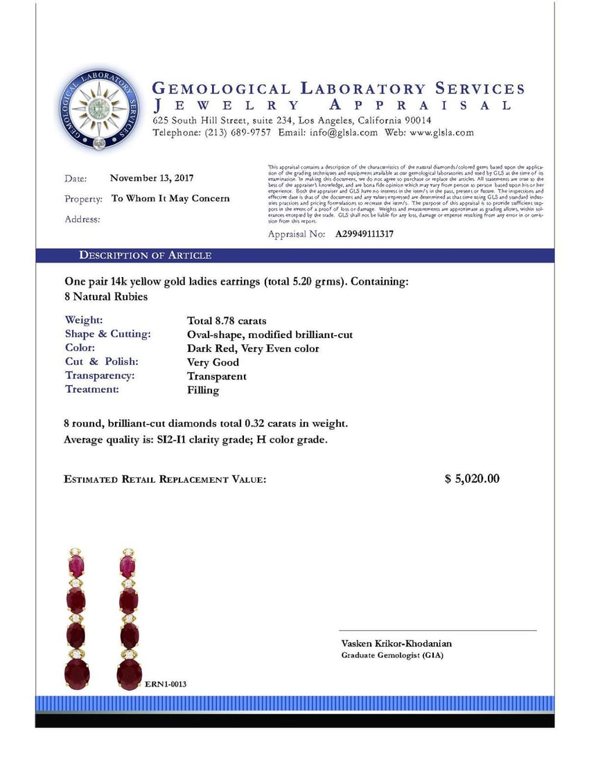 14k Yellow Gold 8.78ct Ruby 0.32ct Diamond Earrings - 4