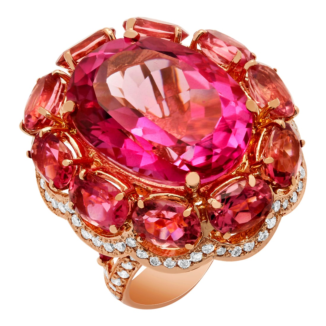 14k Rose Gold 23.44ct Pink Topaz 14.21ct Pink Tourmaline 2.23ct Diamond Ring: Retail: $9,620.00 ****** 14k Rose Gold 23.44ct Pink Topaz 14.21ct Pink Tourmaline 2.23ct Diamond Ring ****** Metal: 14K Rose Gold / Total Item Weight: 21.10 grams / Country Made: United States / /