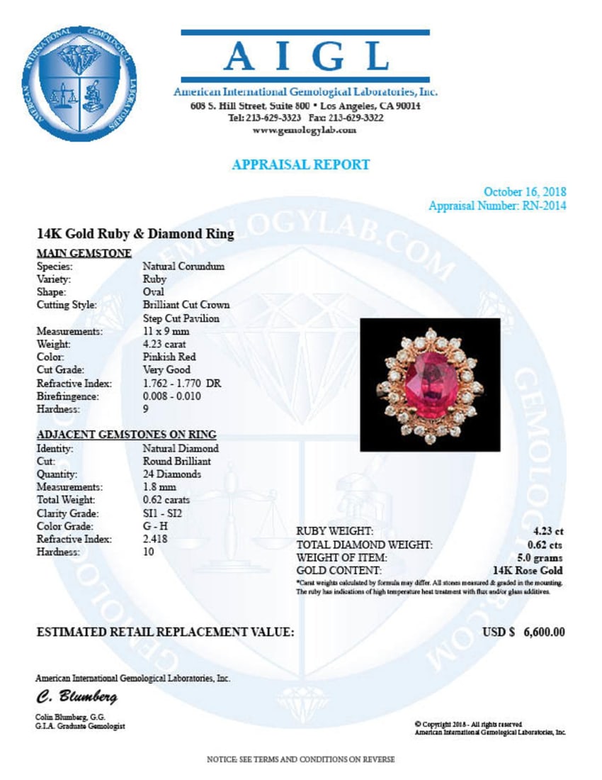 14K Rose Gold 4.23ct Ruby and 0.62ct Diamond Ring - 5
