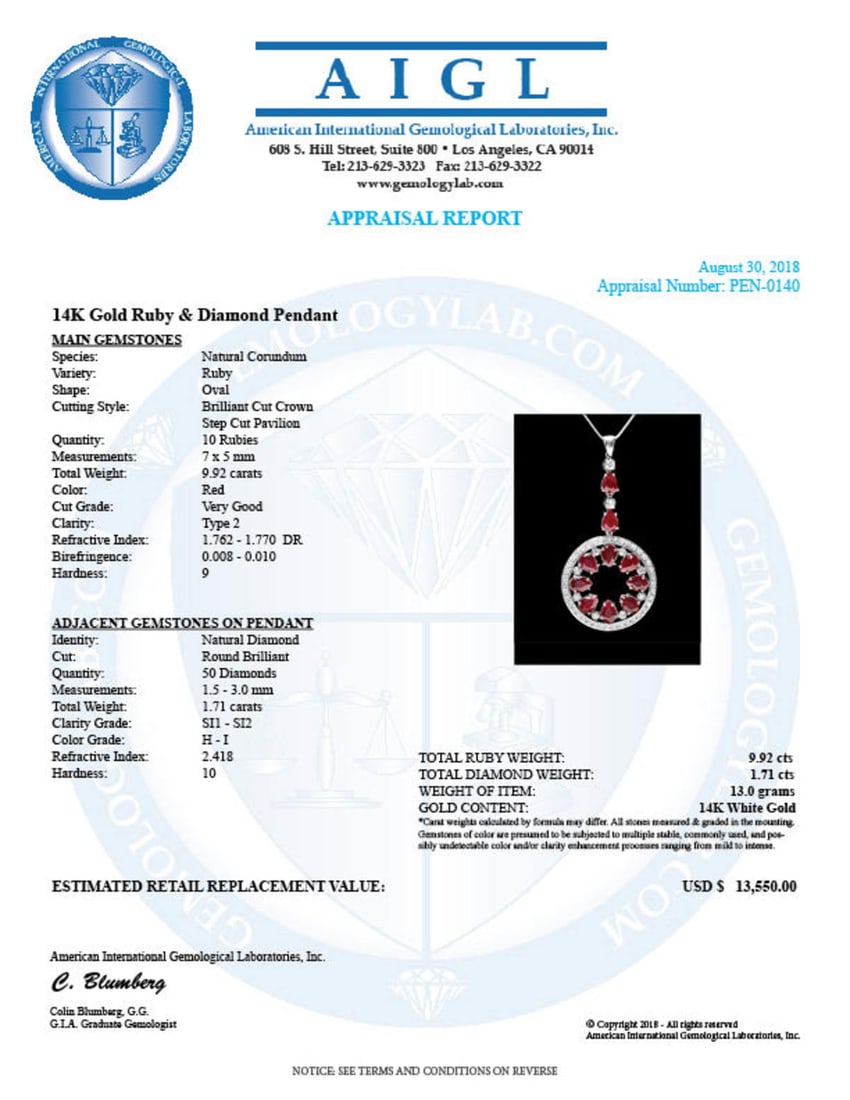 14K Gold 9.92ct Ruby 1.71ct Diamond Pendant - 4
