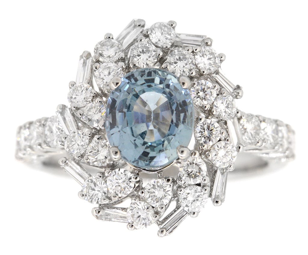 18K White Gold Ladies Ring with 1.79ct GIA Certified Sapphire and 1.23ct tw Adjacent Diamonds: Retail: $9,000.00 ****** 18K White Gold Ladies Ring with 1.79ct GIA Certified Sapphire and 1.23ct tw Adjacent Diamonds ****** Size: 6.5 / Metal: 18K White Gold / Total Item Weight: 4.7 Grams /