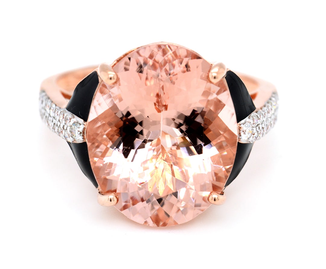 14K Rose Gold Ladies Ring with 8.12ct Morganite and 0.23ct tw Adjacent Diamonds: Retail: $9,500.00 ****** 14K Rose Gold Ladies Ring with 8.12ct Morganite and 0.23ct tw Adjacent Diamonds ****** Size: 6.5 / Metal: 14K Rose Gold / Total Item Weight: 4.5 Grams / Country Made: United