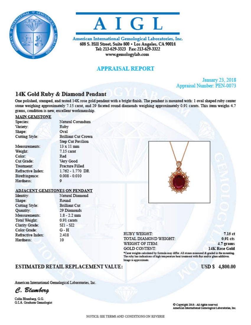 14k Rose Gold 7.15ct Ruby 0.91ct Diamond Pendant - 4