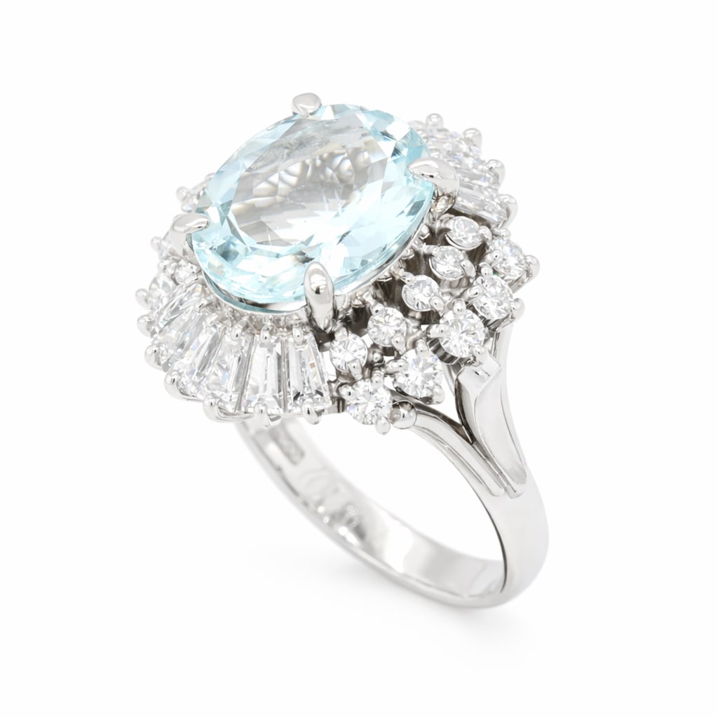 Platinum Ladies Ring with 5.90ct Aquamarine and 1.64tcw Adjacent Diamonds: Retail: $11,647.00 ****** Platinum Ladies Ring with 5.90ct Aquamarine and 1.64tcw Adjacent Diamonds ****** Size: 6 (we offer free resizing to winning bidders) / Metal: Platinum / Total Item Weight: