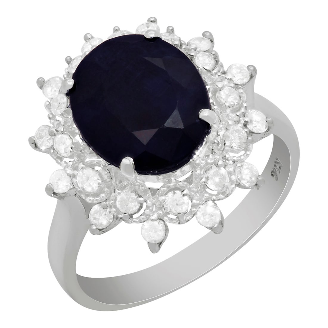 14k White Gold 4.37ct Sapphire 0.51ct Diamond Ring: Retail: $6,265.00 ****** 14k White Gold 4.37ct Sapphire 0.51ct Diamond Ring ****** Metal: 14K White Gold / Total Item Weight: 4.60 grams / Country Made: United States / / Main Stone: Sapphire / Color: