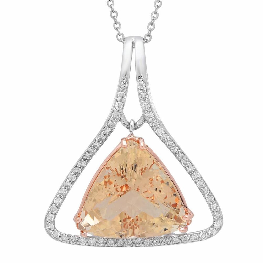 14K Gold 23.99ct Morganite 1.03ct Diamond Pendant: Retail: $18,615.00 ****** 14K Gold 23.99ct Morganite 1.03ct Diamond Pendant ****** Metal: 14K Rose and White Gold / Total Item Weight: 11.5 Grams / Country Made: United States / / Main Stone: