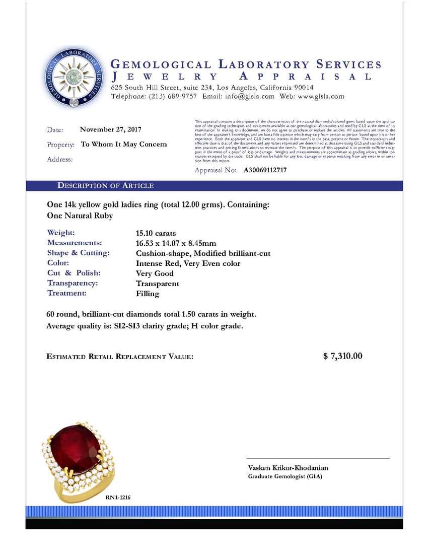 14k Yellow Gold 15.10ct Ruby 1.50ct Diamond Ring - 5