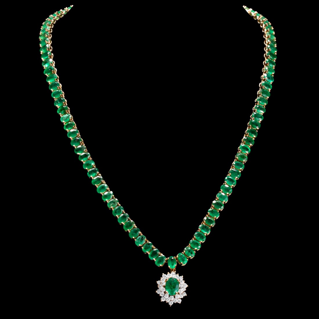 14k Yellow Gold 41.86ct Emerald 1.58ct Diamond Necklace: Retail: $51,490.00 ****** 14k Yellow Gold 41.86ct Emerald 1.58ct Diamond Necklace ****** Metal: 14K Yellow Gold / Total Item Weight: 34.9 grams / Country Made: United States / / Main Stone: Emerald /