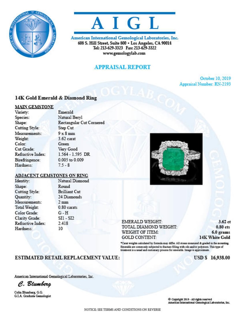 14K White Gold 3.62ct Emerald and 0.80ct Diamond Ring - 4